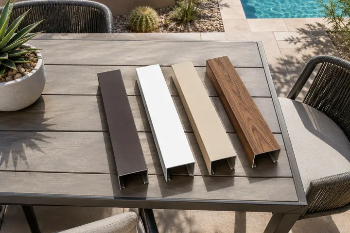 Short aluminum pergola beam samples laid on a patio table in dark bronze, white, sandstone tan and wood-grain finishes, top-down view