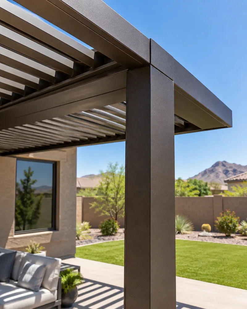Close-up of a dark bronze powder-coated aluminum pergola corner where a post meets the beam, crisp shadows, blue sky