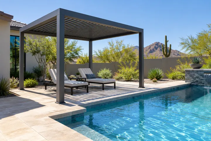 Freestanding aluminum pergola beside a backyard swimming pool in Phoenix, two chaise lounges in its shade