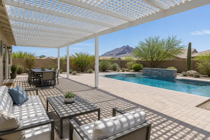 Slim white aluminum lattice rafters on a pergola casting a fine grid of shade onto a paver patio