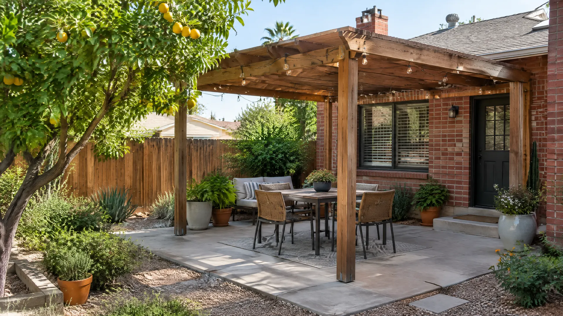 Small backyard of a 1940s brick cottage in central Phoenix: a compact cedar pergola over a concrete patio with string lights, potted plants, wood fence and a mature citrus tree