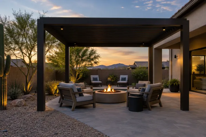 Freestanding pergola over a round gas fire pit with lounge chairs at the back of a Phoenix yard, early evening