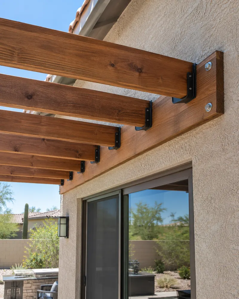 Wood pergola ledger board bolted to the stucco wall of a Phoenix home above a patio door, rafters resting in metal hangers, close-up