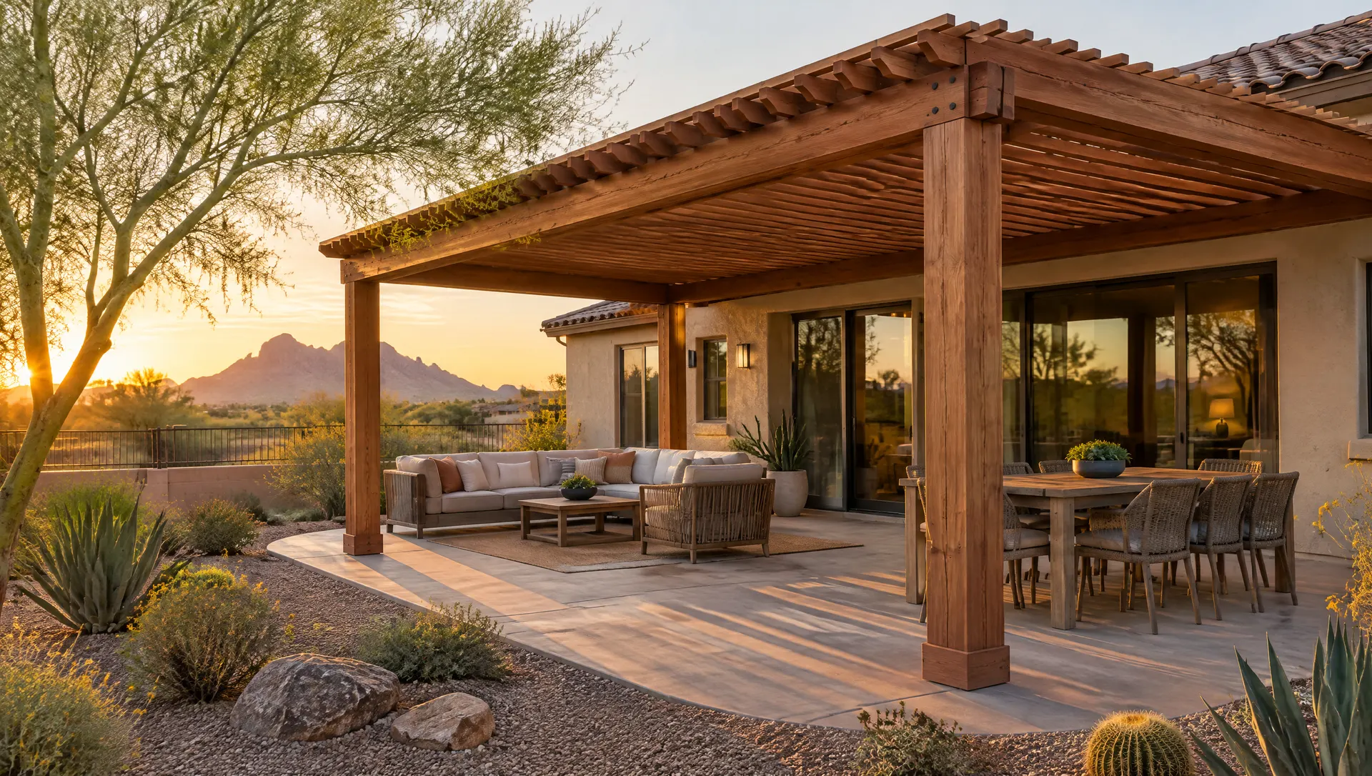 New cedar-toned pergola over a concrete patio behind a single-story stucco Phoenix home at golden hour: thick square posts, doubled beams, closely spaced rafters casting striped shade, outdoor sofa and dining table, desert landscaping with a palo verde tree and Camelback-style desert mountain silhouette in the far distance
