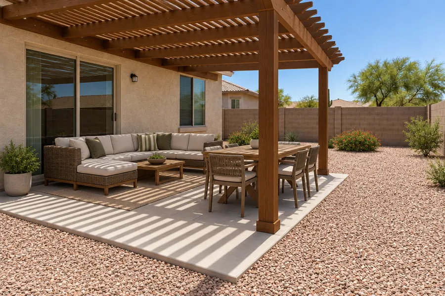 The same Phoenix backyard after a pergola: same house, same sliding door and block wall, now a stained wood pergola over the patio with outdoor sofa and dining table in striped shade