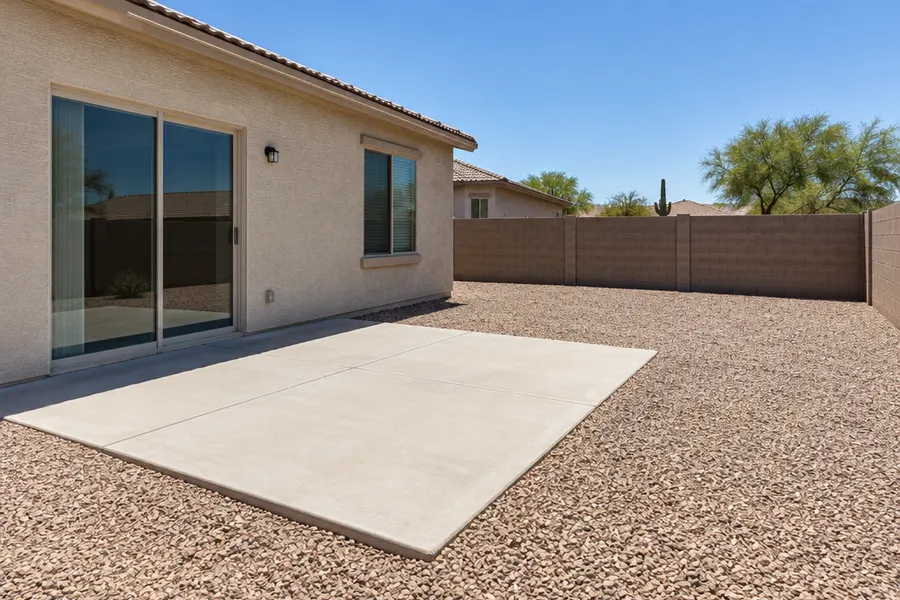Plain Phoenix backyard before a pergola: an empty bare concrete patio slab off a sliding door, single-story stucco house, gravel yard, block wall, harsh midday sun, no shade