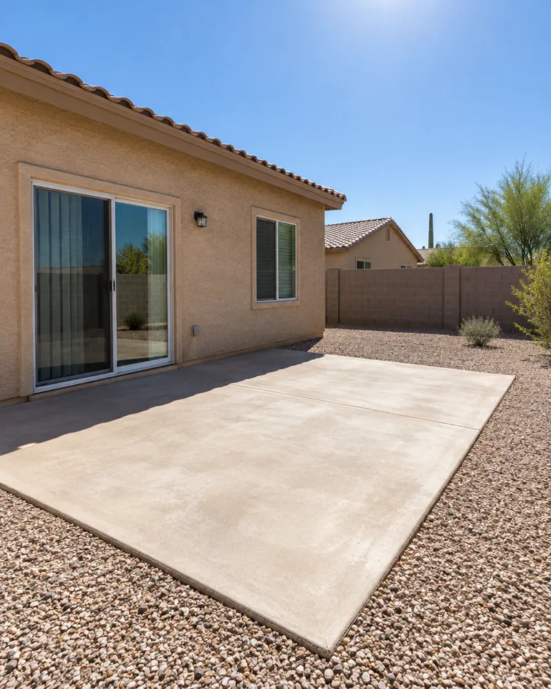 Bare, sun-baked concrete patio slab behind a single-story Phoenix stucco home with no shade at midday, a sliding glass door, harsh sunlight, gravel yard and block wall