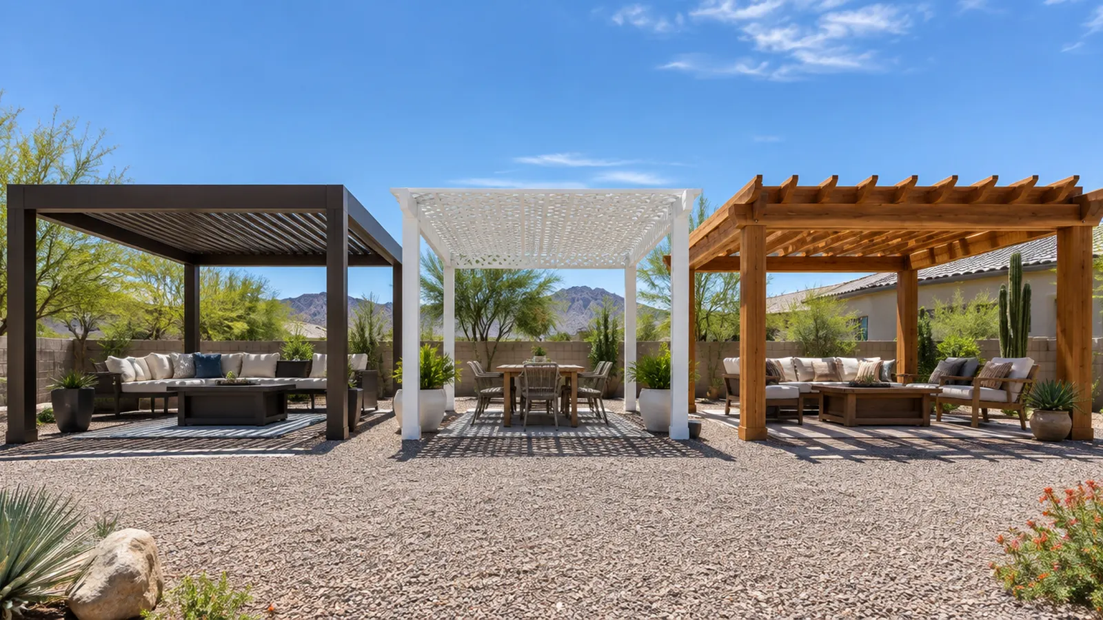 Three pergolas side by side in one wide outdoor showroom lot under blue sky: a dark bronze aluminum louvered pergola, a white aluminum lattice pergola and a cedar wood pergola, gravel ground