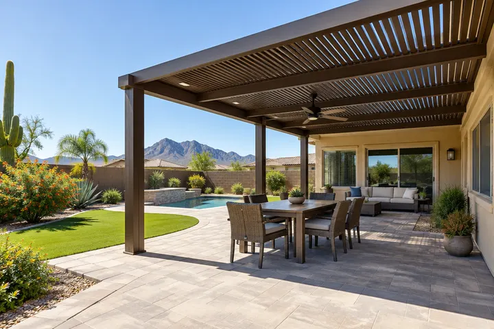 Tidy finished pergola job site in a Phoenix backyard: patio swept clean, landscaping intact, no debris, fresh pergola overhead