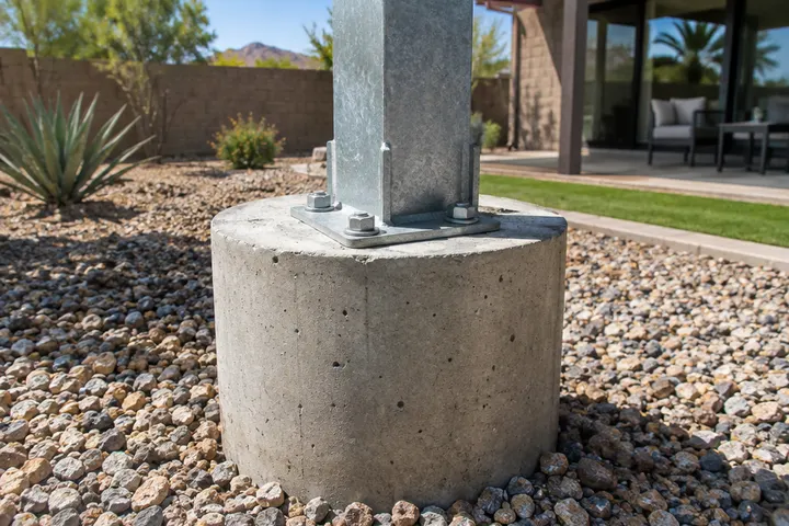 Close-up of a new concrete pier footing in a Phoenix backyard with a galvanized steel post base anchored in the top, gravel around it
