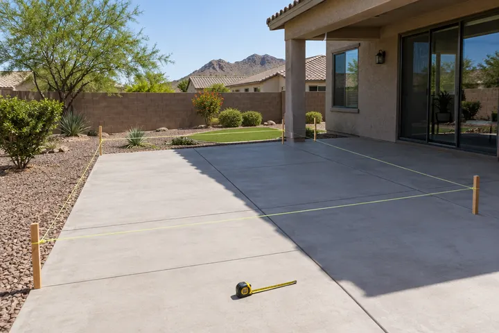 Wooden stakes and taut string lines marking a rectangular pergola footprint on a patio in a Phoenix backyard, a tape measure lying on the concrete, no people