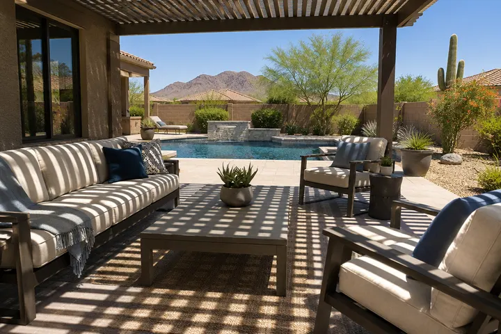 Striped shade pattern from pergola rafters falling across patio furniture on a hot sunny Phoenix afternoon, sharp shadows
