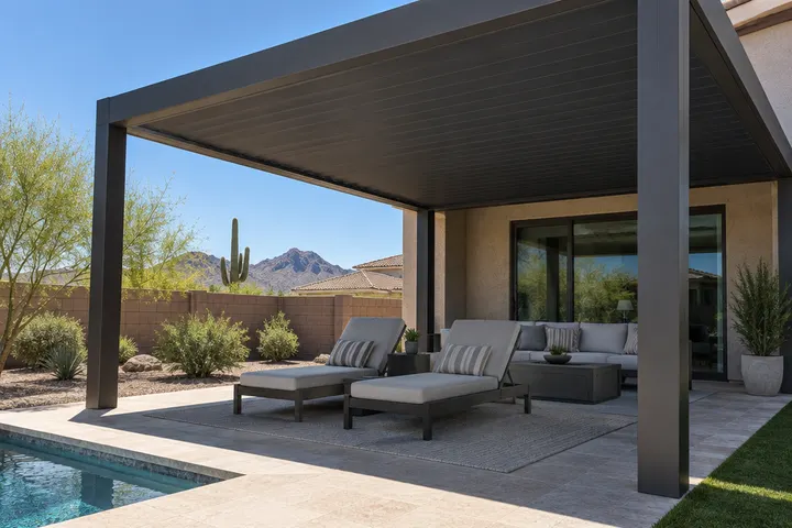 Aluminum louvered pergola with louvers fully closed forming a solid roof, deep shade over lounge chairs on a sunny Phoenix day
