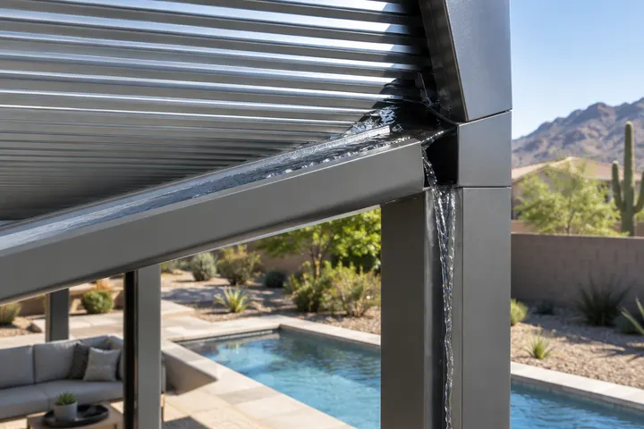 Close-up of the integrated gutter channel along the edge of an aluminum louvered pergola roof and water draining into a corner post, no text