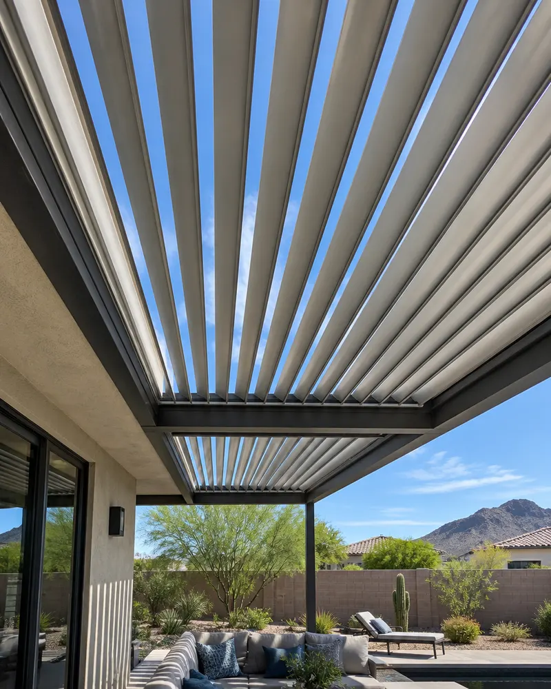 Looking straight up through an aluminum louvered pergola roof with the louvers partly open, slices of blue sky between the blades
