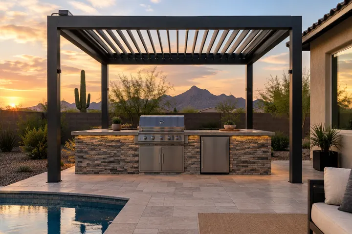 Aluminum louvered pergola with louvers fully open to the sky over an outdoor grill counter in a Phoenix backyard, evening light