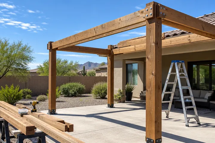 Wood pergola frame under construction: posts standing and doubled beams being bolted on top, ladder nearby, blue sky, no faces