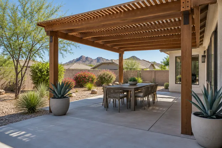 Completed wood pergola over a backyard patio in Phoenix with outdoor dining table, clean concrete and potted agave