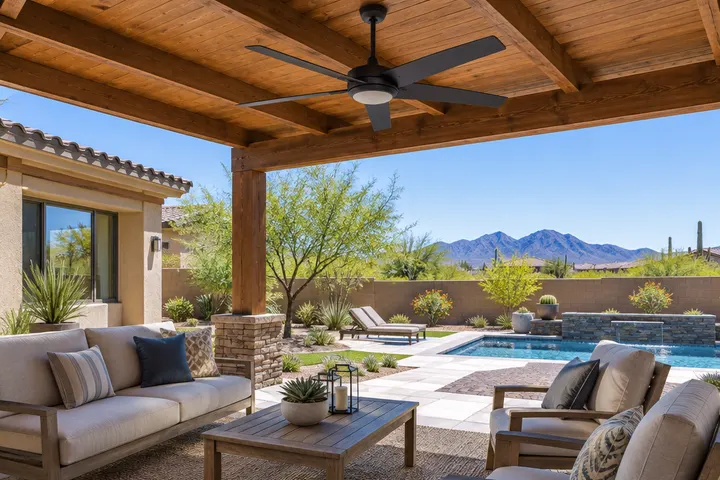 Outdoor-rated ceiling fan with dark blades mounted under a wood pergola beam above patio seating