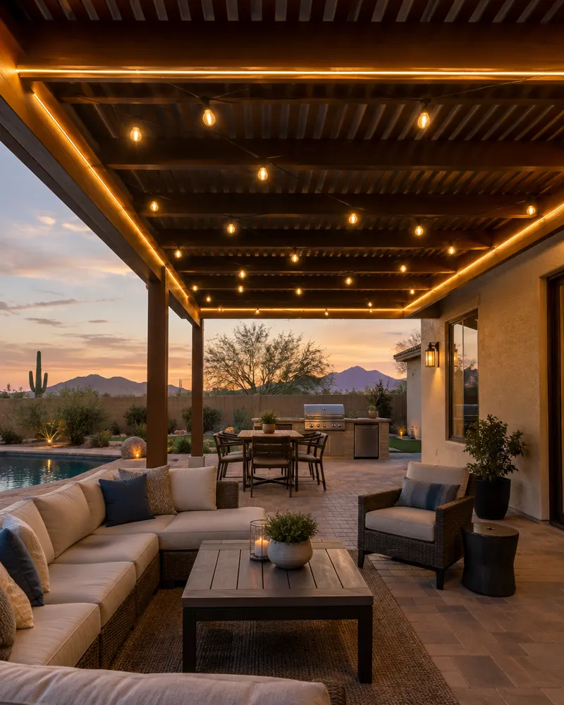 Underside of a pergola at dusk with warm LED strip lighting along the beams and string lights glowing, patio below