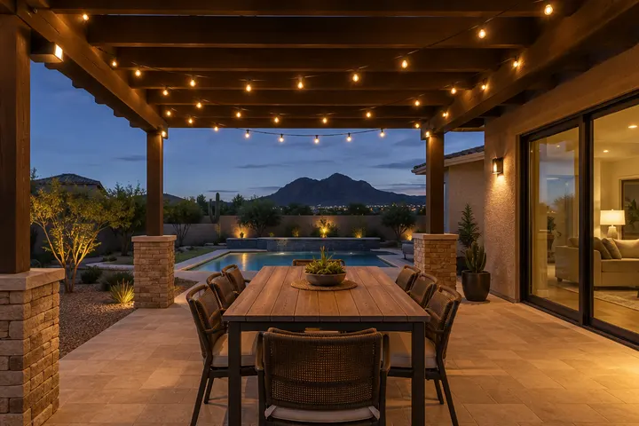 Pergola at night with warm string lights draped between rafters and soft downlights, empty patio dining table