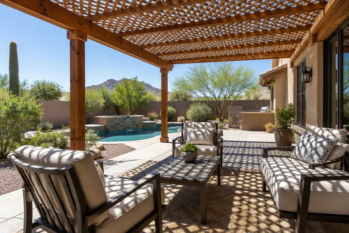 Wood pergola with a crisscross lattice roof casting a diamond shadow pattern onto a patio and outdoor chairs