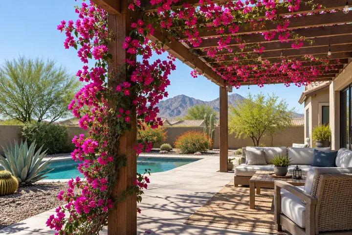 Magenta bougainvillea climbing a wood pergola post and across the top rafters in a Phoenix backyard